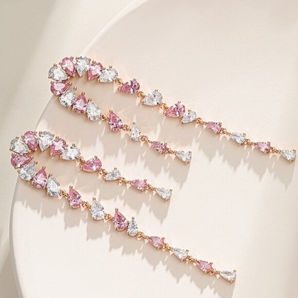 Crystal Pink Earrings, Teardrop Bridal Earrings Sparkly Dangle Earring Jewelry - Picture 1 of 1